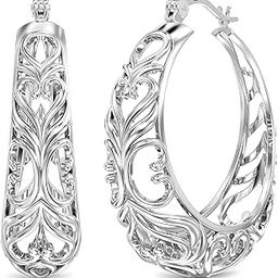 925 Sterling Silver Small Oval Mesh Filigree Heart Click-Top Hoop Earrings for Women and Girls-image-32