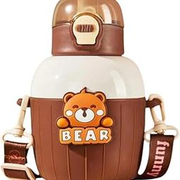 Mayatra's Kids Water Bottle, BPA-Free Sipper with Cartoon Design, 500ml, Leakproof with Carrying Strap, Duck, Bear, Rabbit, Dino Theme (Brown)-5