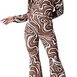 Casual Brown Marble Printed Crop Top and Trouser Set for Women | Co-Ords Set for Women Stylish Western | Full Sleeves V-Neck Crop Top and Bootcut Trouser Set | 2 Piece Set for Women-picture-12