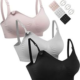 Women Nylon Blend 3PACK Full Bust Seamless Nursing Maternity Bras Bralette S-XXL with Extra Bra Extenders & Clips, Black/ Grey/Elegant Pink, M-picture-49