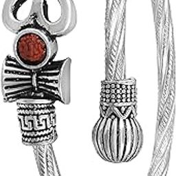 Silver Oxidized Designer Handcrafted Adjustable One Sided Lord Shiva Trishul Rudraksha Damroo Bahubali Kada Bracelet Free Size Cuff Kada Spiritual Jewellery for Men/Women-11