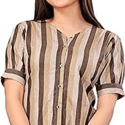 Casual Roll Up Sleeves Striped Women Cotton Brown Shirt-image-3