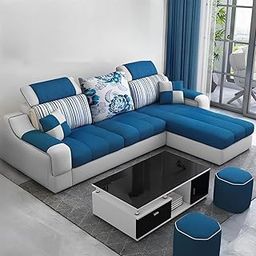 Sleepify- Cressona 4 Seater RHS Fabric L Shape Sofa Set with Adjustable Headrest & 2 Puffy (Blue-Light Grey)-26