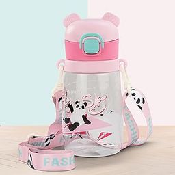 BAYBEE Bamboo Sipper Water Bottle with Straw for Kids | Leak Proof Sippy Water Bottle with Adjustable Strap | BPA Free & Non-Toxic 550ml Capacity | Drinking Sippy for School Kids Boys Girls (Pink)-image-66