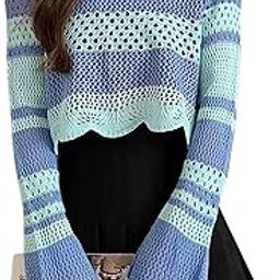 Women's Korean Style Knitted Sheer Crochet Long Sleeve Hollow Out Colour Block Print Crop Top T-Shirt Sweater (One Size Fit XS-S-M Bust 32-36 Inch) 29-image-69