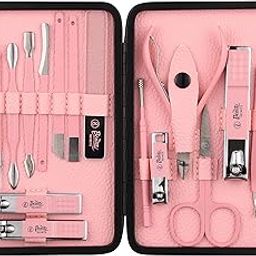 Beauté Secrets Luxury Nail Cutter Set, 18 Pieces Grooming Kit (Eyebrow Razor, Tweezer, Hair Plucker, Baby Nail Cutter, Ear Cleaner,Nail Cleaner,) Pedicure Gift for Men and Women (Pink)-image-95