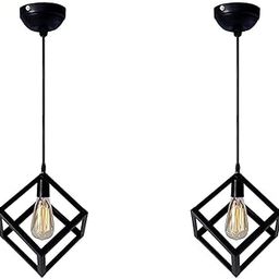 JACKAL Metal Cube Shape Pendant Light Without Bulb - Pack of 2, Hanging Ceiling Light with Braided Cord | Decorative Chandelier for Home, Living Room, Indoor, Outdoor & Bar | Jhumar Lighting(Black)-3