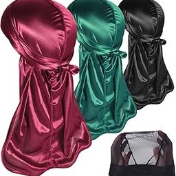 3PCS Silky Durags Pack for Men Waves, Satin Doo Rag, Award 1 Wave Cap, Au-dark Green, Wine Red, Black, One size-image-16
