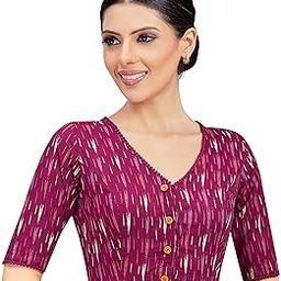 Women's Wine Cotton Ikat Printed Elbow Length Sleeves Saree Blouse-picture-1