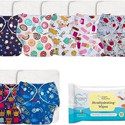 SuperBottoms FREE Wipes - 40 Pack with 7 BASIC Reusable Cloth Diaper with NEW Quick Dry UltraThin pads - Pack of 7| Freesize Diapers for baby 0-3 Yrs|Lasts up to 3Hrs|(7 Shell + 7 Pads) - Assorted-17