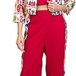 Abstract Ikkat Print Viscose Lycra Crop Blazer & Solid Pants with Inner Top Western Co-Ord Set for Women's|Notch Collar 3/4 Straight Sleeves Regular Fit Ladies Cord Set-picture-2