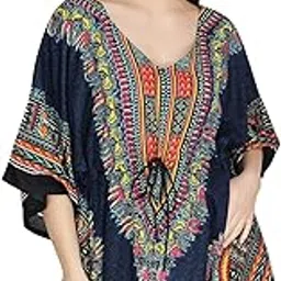 ukal Women's and Girl's Short Dashiki Print Kaftan Dress Beach Wear Kimono Nighty (X-Large, Navy Blue)-picture-6