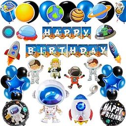 FI - FLICK IN 55 pcs Space Theme Birthday Decoration Kit Banner Planet Astronaut Cutouts Cake Topper Props Metallic Balloon Happy Birthday Space Theme Decoration for Boys (Pack of 55, Multicolor)-0