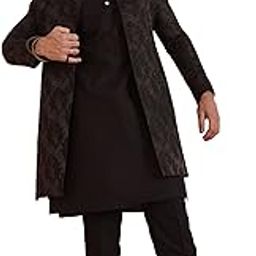Men's Kurta Sherwani Trouser Set Indo-Western, Black Cotton Blend, Self Design Long Sleeves Regular Fit Mandarin Collar-picture-20