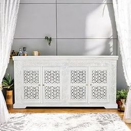 TGF Furniture Store Decorative White Wooden Storage Cabinet – 4-Door Sideboard with Lattice Pattern – Elegant Living Room Console with Ample Storage-image-4