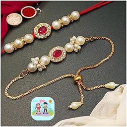 CraftVatika Rakhi Combo Set for Brother and Bhabhi Premium Lumba Floral Rakhi Kundan Bracelet Rakhi for Bhaiya Bhabhi Raksha Bandhan Couple Pearl Rakhi Set of 2-28