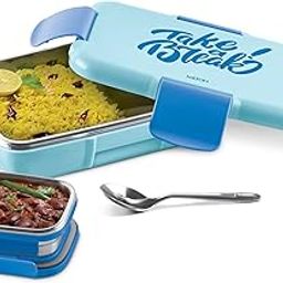 MILTON Snap Lock Kids Lunch Box, Inner Stainless Steel PU Insulated Containers with Clip Lock Lid, 800 ml & 175 ml with Spoon Airtight, Leakproof, for School & Picnic, Blue-picture-15