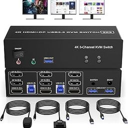 clickfish HDMI + 2 DisplayPort 3 Monitor KVM Switch USB 3.0 for 2 Computers, 4K@60Hz Triple Monitor KVM Switch with Audio and 3 USB 3.0 Ports, Remote Controlled, Manual Operation, Black-30