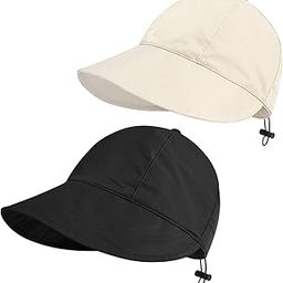2PCS Sun Protection Drawstring Peaked Hat for Women, Sun Hats Summer Beach Sun Hat for Women Wide Brim Visor Fedora Cap UPF50+, Circumference 22-23.2in, Visor Wide 3.54in (White and Black)-image-30