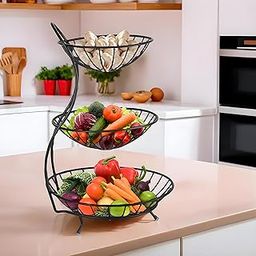 Kuber Industries Metal 3-Layer Basket Organizer for Kitchen - Aalu Pyaj/onion Storage Basket & Circular Countertop Side Stand | Black-16