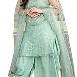 WOMEN'S Net Punjabi Suit Semi Stitched Salwar Suit (Patiyala Suit) (New anarkali shuitSF201299 Blue Free Size)-picture-30