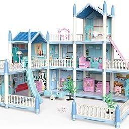 Dream Doll House Girls Toys,Doll House, 3 Story 9 Rooms Dollhouse with 2 Dolls, Dollhouse Furniture Accessories with Light, Toddler Playhouse Gift for 3 4 5 6 7 8 9 10 Year Old Girls Toys, Blue-image-6