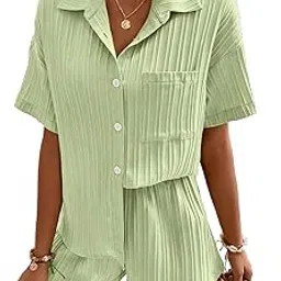 shasmi Women & Girls Black Solid Color Button Front Vacation Solid Texture Short Sleeve Loose Fit Drop Shoulder Pocket Shirt and Shorts Casual Two-Piece Set (Co Ods 143)-picture-10