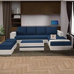 WOODREAM Right Facing Upholstered L Shape 8 Seater Sofa Set | Sectional Swed Fabric Sofa Set with Centre Table, 2 Puffy Ottomans and 4 Small Pillow for Living Room & Drawing Room | Blue & White-0