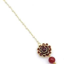 MANBHAR GEMS - Floral Style Attractive Maang-Tikka with Pearls for Girls & Women Gold Tone Beaded Chain, Fashion jewellery Maroon Colour-picture-14