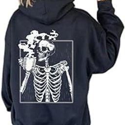 Halloween Hoodie Sweatshirts for Women Oversized Skull Graphic Hoodie Coffee Drinking Skeleton Crewneck Long Sleeve Pullover-image-74