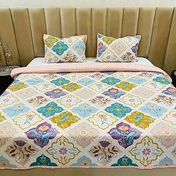 Subtlespreads Premium Cotton Feel Quilted Bedcover for Double Bed King Size with 2 Quilted Pillow Covers - Decorative Bed Cover/Quilted Bedspread Bedsheet, Multicolor Geometric-image-69