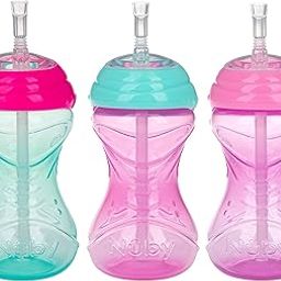 Nuby 3 Piece No-Spill Easy Grip Cup with Flex Straw, Clik It Lock Feature, Girl, 10 Ounce-image-3