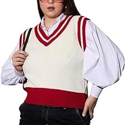 Curve Red & White Striped V-Neck Sweater Vest-image-87