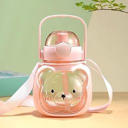 CherryBox Cute Teddy Bear Shape Straw Water Bottle with Handle and Carry Strap for Kids 900 ML (Pink)-7