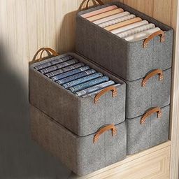 VERAT 4 Pcs Woven Cloth Organizer for Storage/Foldable Wardrobe Organizer with Durable Handles/Wardrobe Organizer for Storage/Clothes Baskets for Organizing Shirts/Pants/Jeans/Dress/Sweaters (Grey)-image-57