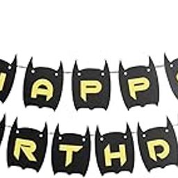 Atpata Funky Batman Happy Birthday Banner – Super Hero Theme Party Decoration for Kids – Black Mask Shape with Yellow Letters – Large Paper Cardstock Flags – Batman Party Supplies-image-15