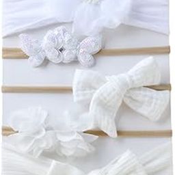 SYGA 5 Pcs Baby Headband Set, Flower & Bow Design, Stretchable Nylon Hairband for Newborn Infant Toddlers Kids-0-3 Years White-picture-17
