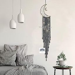 Waterlily House's Macrame Moon Dream Catcher | Wall Hanging | Modern Room Home Decor | Geometric Wall Art | Nursery Wall Hanging (Moon Dreamcatcher (Ivory) with LED Light String. (Grey)-image-12