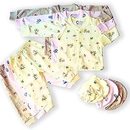 Cloth Set for Newborn Baby Front Open Full Sleeves Jhabla Vest/T-Shirt, Pajama Pants, Cap (9-Piece Set) - Cotton, Assorted Print, Skin-Friendly 0-6 Months-image-45