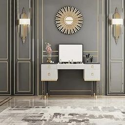NG Decor Makeup Vanity Table 4-Drawer with Flip Top Mirror Gray & Off White (Stool not inluded)-image-38