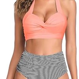 Women Two Piece Vintage Swimsuit Retro Halter Ruched High Waist Bikini with Bottom-image-20