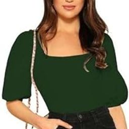 Women's Bishop Puff Sleeves Square Neck Slim Top Polyester Blend (Top-Eva)-image-96
