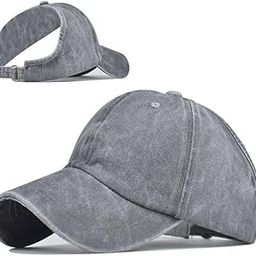 SwooK Stonewash Baseball Ponytail Cap for Womens Girls High Ponytail Bun Cap Hat Half Top Ball Sport Adjustable Cotton Women Caps (Grey)-image-120