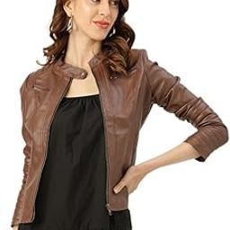 Faux Leather Women Regular Jacket (Brown)-image-35