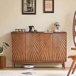 TGF Furniture Store Mid-Century Modern Sideboard Cabinet – Solid Wood Storage Console with Sunburst Pattern Doors, Brown Finish Buffet Table for Living Room, Dining Room & Entryway-image-48