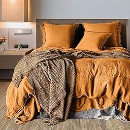 The Tangerine Store 3-Piece Linen Cotton Mix Duvet Cover Set (88x90 in) - Mustard Yellow Queen Duvet Cover Set with Standard Shams - Pre-Washed, Handmade - Chic Home Decor-4