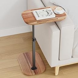ZUJJAFY TV Tray Table Adjustable Height Swivel Tray Tables for Couch, Acacia Wood Couch Side Table for Drinks, Snacks and Small Space, C Shaped End Table Couch Arm Table for Sofa, Bed or Chair-picture-1