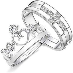 Couple Rings Crown King Queen Stylish Valentine Jewellery American Diamond Adjustable Love Heart Silver Finger Ring Set Combo for Women Girls Men Boys Girlfriend Lovers -CFR-M115-image-15