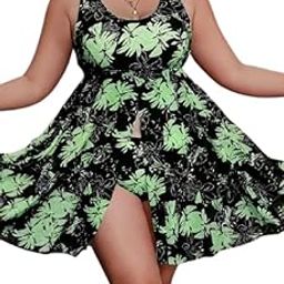 Plus Floral Print Round Neck Split Hem Swim Dress - XL - 8XL-picture-27