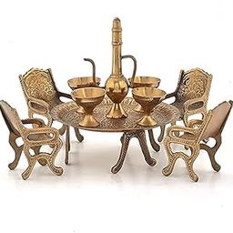 Maa Santoshi Traders:-Handmade Brass Antique Unique Design Dining Table Chair Raja Maharaja Set With Surahi And Glasses/Mini Dining Table Toy Set Miniature, 6 Inches-14